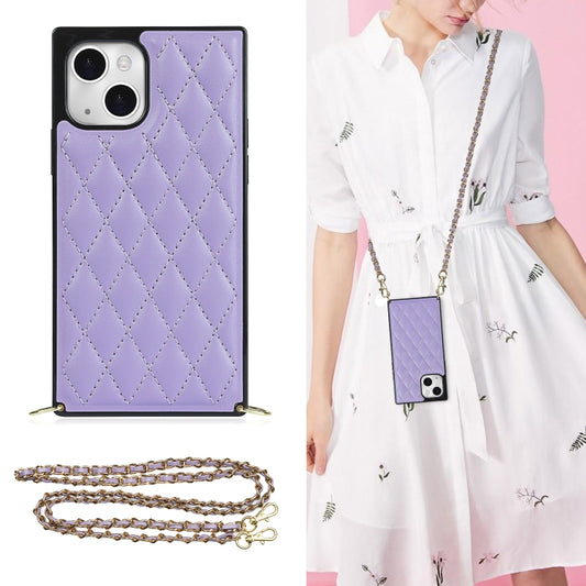 For iPhone 14 Plus Crossbody Rhombic Microfiber Leather Phone Case(Purple) - iPhone 14 Plus Cases by buy2fix | Online Shopping UK | buy2fix