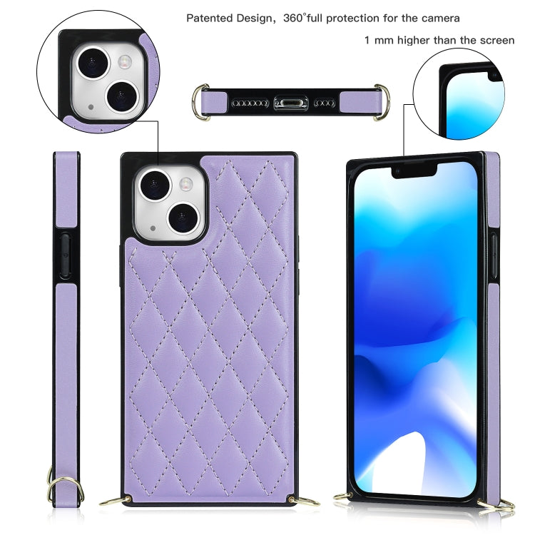 For iPhone 14 Plus Crossbody Rhombic Microfiber Leather Phone Case(Purple) - iPhone 14 Plus Cases by buy2fix | Online Shopping UK | buy2fix