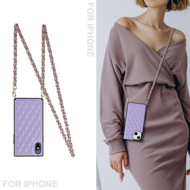 For iPhone 14 Plus Crossbody Rhombic Microfiber Leather Phone Case(Purple) - iPhone 14 Plus Cases by buy2fix | Online Shopping UK | buy2fix