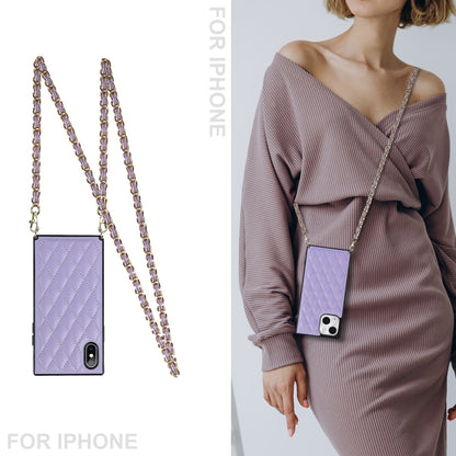 For iPhone 14 Plus Crossbody Rhombic Microfiber Leather Phone Case(Purple) - iPhone 14 Plus Cases by buy2fix | Online Shopping UK | buy2fix