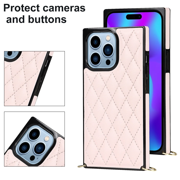 For iPhone 14 Pro Crossbody Rhombic Microfiber Leather Phone Case(Pink) - iPhone 14 Pro Cases by buy2fix | Online Shopping UK | buy2fix