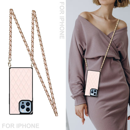 For iPhone 14 Pro Crossbody Rhombic Microfiber Leather Phone Case(Pink) - iPhone 14 Pro Cases by buy2fix | Online Shopping UK | buy2fix