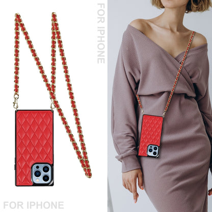 For iPhone 14 Pro Crossbody Rhombic Microfiber Leather Phone Case(Red) - iPhone 14 Pro Cases by buy2fix | Online Shopping UK | buy2fix