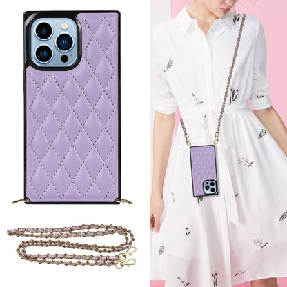 For iPhone 14 Pro Crossbody Rhombic Microfiber Leather Phone Case(Purple) - iPhone 14 Pro Cases by buy2fix | Online Shopping UK | buy2fix