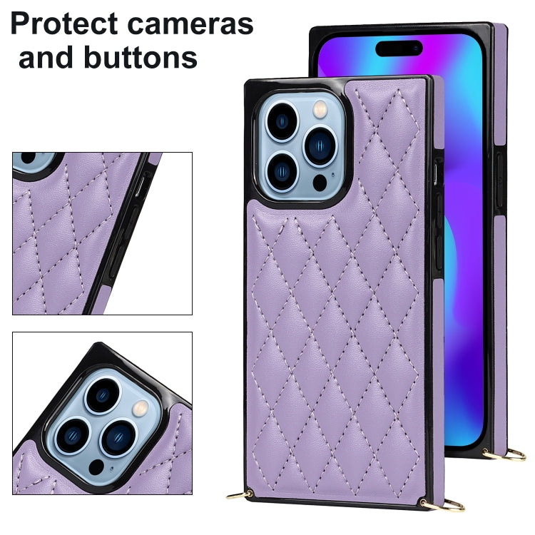 For iPhone 14 Pro Crossbody Rhombic Microfiber Leather Phone Case(Purple) - iPhone 14 Pro Cases by buy2fix | Online Shopping UK | buy2fix