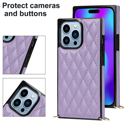 For iPhone 14 Pro Crossbody Rhombic Microfiber Leather Phone Case(Purple) - iPhone 14 Pro Cases by buy2fix | Online Shopping UK | buy2fix