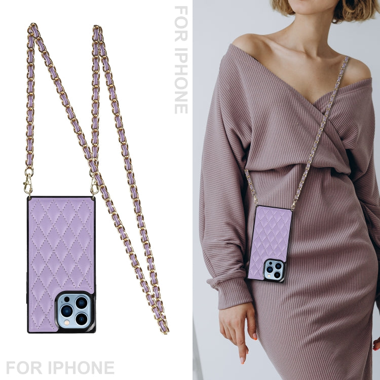 For iPhone 14 Pro Crossbody Rhombic Microfiber Leather Phone Case(Purple) - iPhone 14 Pro Cases by buy2fix | Online Shopping UK | buy2fix