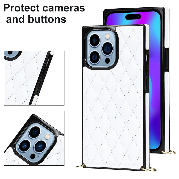 For iPhone 14 Pro Max Crossbody Rhombic Microfiber Leather Phone Case(White) - iPhone 14 Pro Max Cases by buy2fix | Online Shopping UK | buy2fix