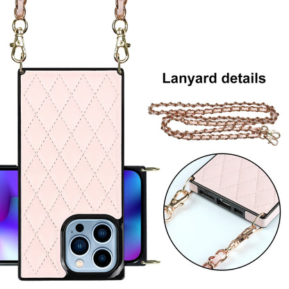 For iPhone 14 Pro Max Crossbody Rhombic Microfiber Leather Phone Case(Pink) - iPhone 14 Pro Max Cases by buy2fix | Online Shopping UK | buy2fix