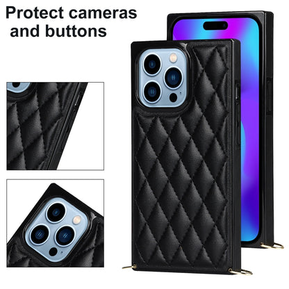 For iPhone 14 Pro Max Crossbody Rhombic Microfiber Leather Phone Case(Black) - iPhone 14 Pro Max Cases by buy2fix | Online Shopping UK | buy2fix
