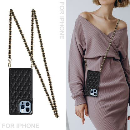 For iPhone 14 Pro Max Crossbody Rhombic Microfiber Leather Phone Case(Black) - iPhone 14 Pro Max Cases by buy2fix | Online Shopping UK | buy2fix