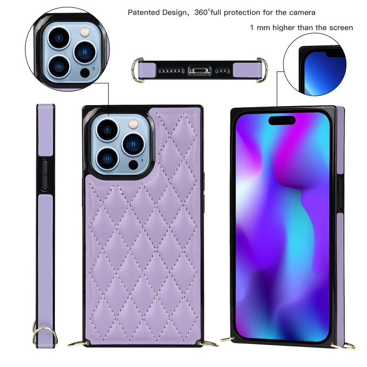 For iPhone 14 Pro Max Crossbody Rhombic Microfiber Leather Phone Case(Purple) - iPhone 14 Pro Max Cases by buy2fix | Online Shopping UK | buy2fix