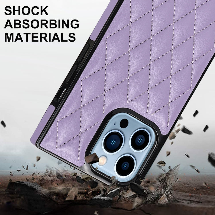 For iPhone 14 Pro Max Crossbody Rhombic Microfiber Leather Phone Case(Purple) - iPhone 14 Pro Max Cases by buy2fix | Online Shopping UK | buy2fix
