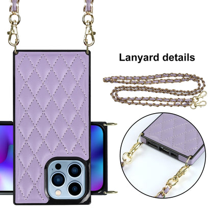 For iPhone 14 Pro Max Crossbody Rhombic Microfiber Leather Phone Case(Purple) - iPhone 14 Pro Max Cases by buy2fix | Online Shopping UK | buy2fix