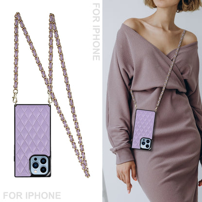 For iPhone 14 Pro Max Crossbody Rhombic Microfiber Leather Phone Case(Purple) - iPhone 14 Pro Max Cases by buy2fix | Online Shopping UK | buy2fix
