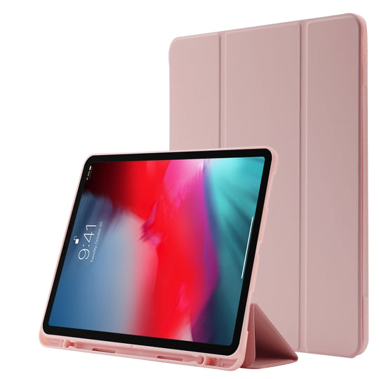 Skin Feel Pen Holder Tri-fold Tablet Leather Case For iPad Air 13 2025 / 2024 / iPad Pro 12.9 2022 / 2021 / 2020 / 2018(Pink)