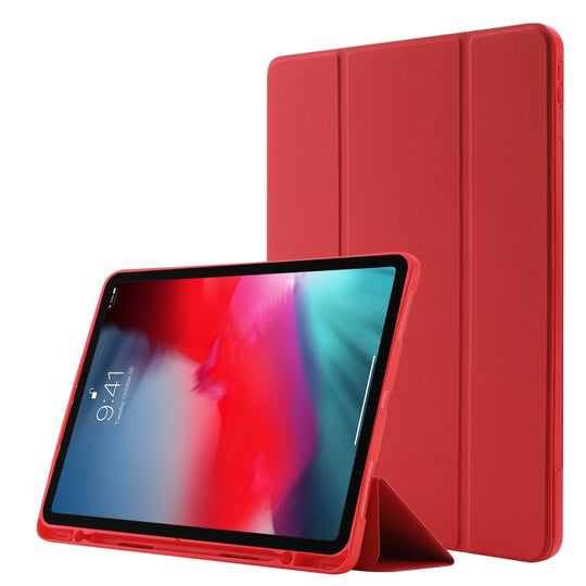 Skin Feel Pen Holder Tri-fold Tablet Leather Case For iPad Air 13 2025 / 2024 / iPad Pro 12.9 2022 / 2021 / 2020 / 2018(Red)