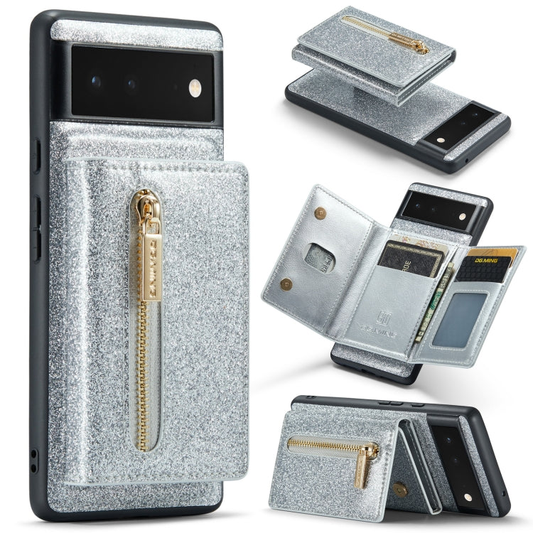 For Google Pixel 6 DG.MING M3 Series Glitter Powder Card Bag Leather Case(Silver) by DG.MING