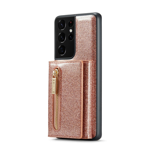 For Samsung Galaxy S21 Ultra 5G DG.MING M3 Series Glitter Powder Card Bag Leather Case(Rose Gold) by DG.MING