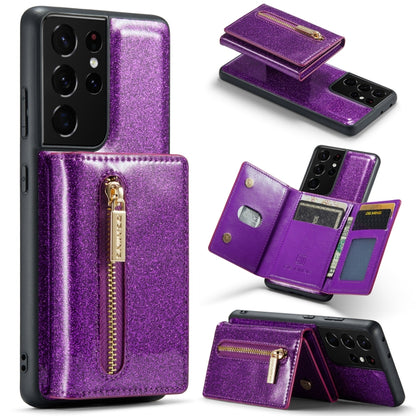 For Samsung Galaxy S21 Ultra 5G DG.MING M3 Series Glitter Powder Card Bag Leather Case(Dark Purple) by DG.MING