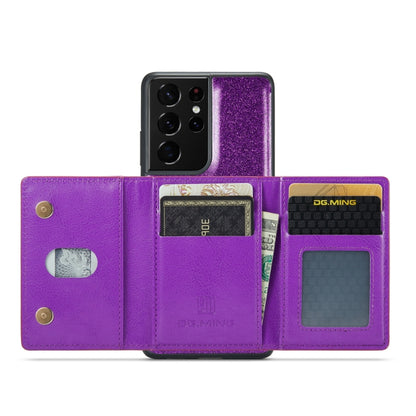 For Samsung Galaxy S21 Ultra 5G DG.MING M3 Series Glitter Powder Card Bag Leather Case(Dark Purple) by DG.MING