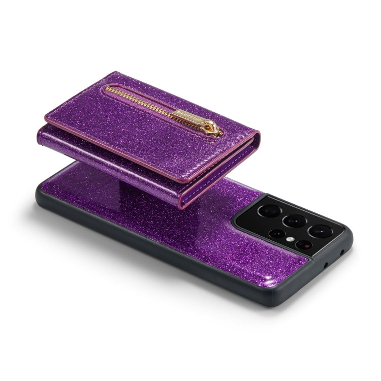 For Samsung Galaxy S21 Ultra 5G DG.MING M3 Series Glitter Powder Card Bag Leather Case(Dark Purple) by DG.MING