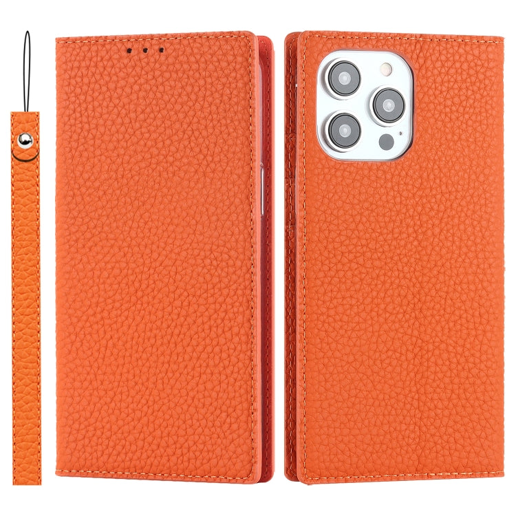 For iPhone 14 Pro Max Litchi Texture Genuine Leather Phone Case(Orange) - iPhone 14 Pro Max Cases by buy2fix | Online Shopping UK | buy2fix