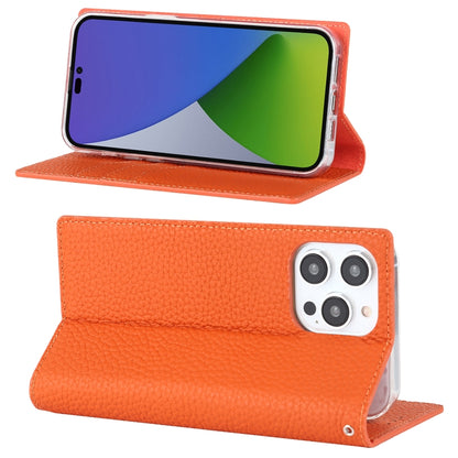 For iPhone 14 Pro Max Litchi Texture Genuine Leather Phone Case(Orange) - iPhone 14 Pro Max Cases by buy2fix | Online Shopping UK | buy2fix