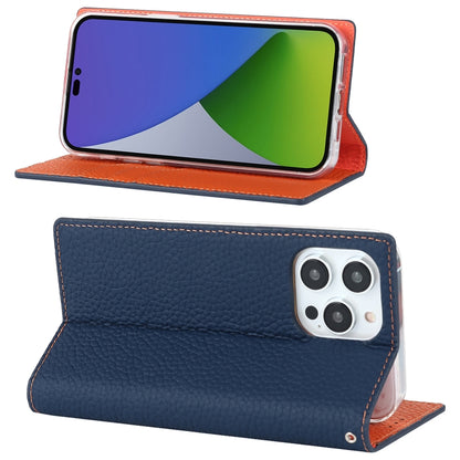 For iPhone 14 Pro Max Litchi Texture Genuine Leather Phone Case(Dark Blue) - iPhone 14 Pro Max Cases by buy2fix | Online Shopping UK | buy2fix