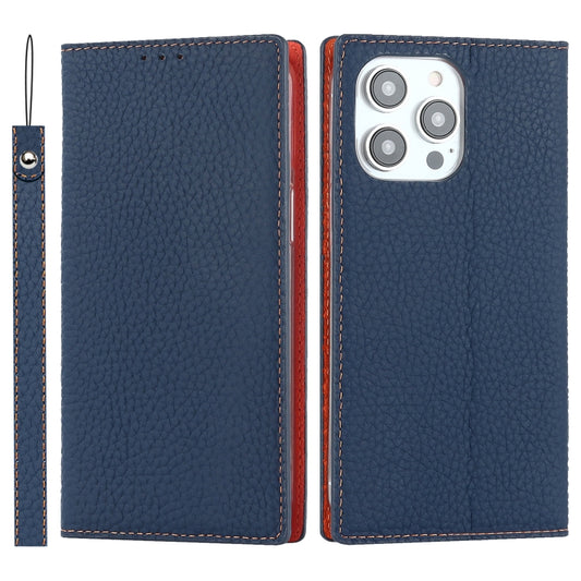 For iPhone 14 Pro Litchi Texture Genuine Leather Phone Case(Dark Blue) - iPhone 14 Pro Cases by buy2fix | Online Shopping UK | buy2fix