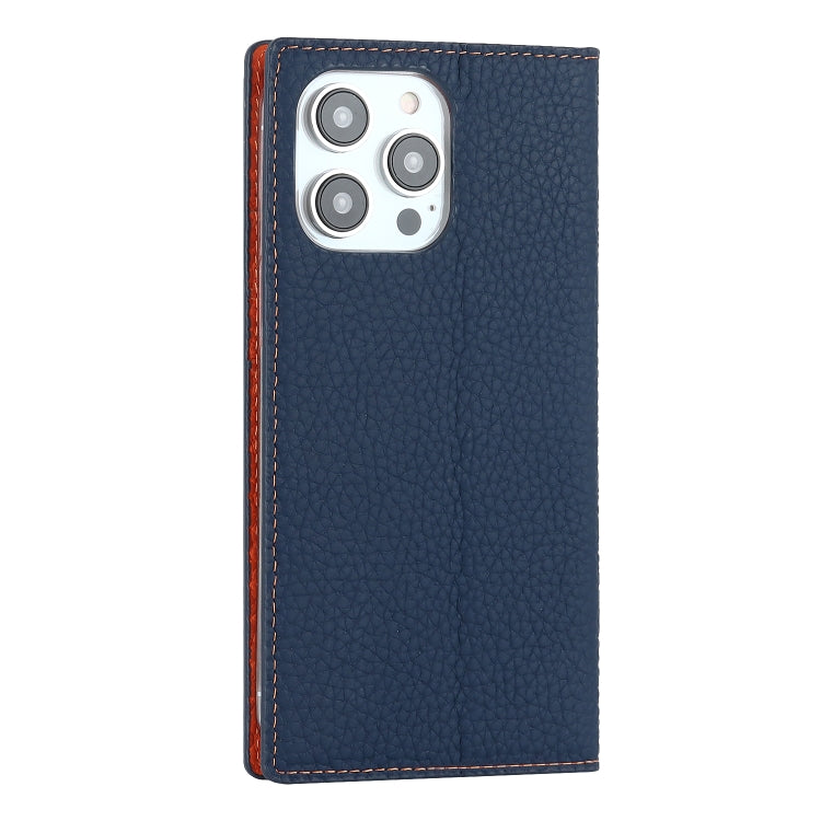 For iPhone 14 Pro Litchi Texture Genuine Leather Phone Case(Dark Blue) - iPhone 14 Pro Cases by buy2fix | Online Shopping UK | buy2fix