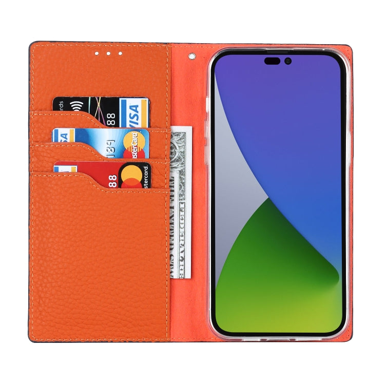 For iPhone 14 Pro Litchi Texture Genuine Leather Phone Case(Dark Blue) - iPhone 14 Pro Cases by buy2fix | Online Shopping UK | buy2fix