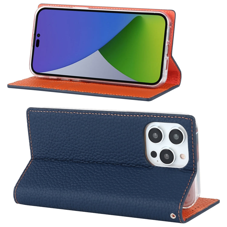 For iPhone 14 Pro Litchi Texture Genuine Leather Phone Case(Dark Blue) - iPhone 14 Pro Cases by buy2fix | Online Shopping UK | buy2fix