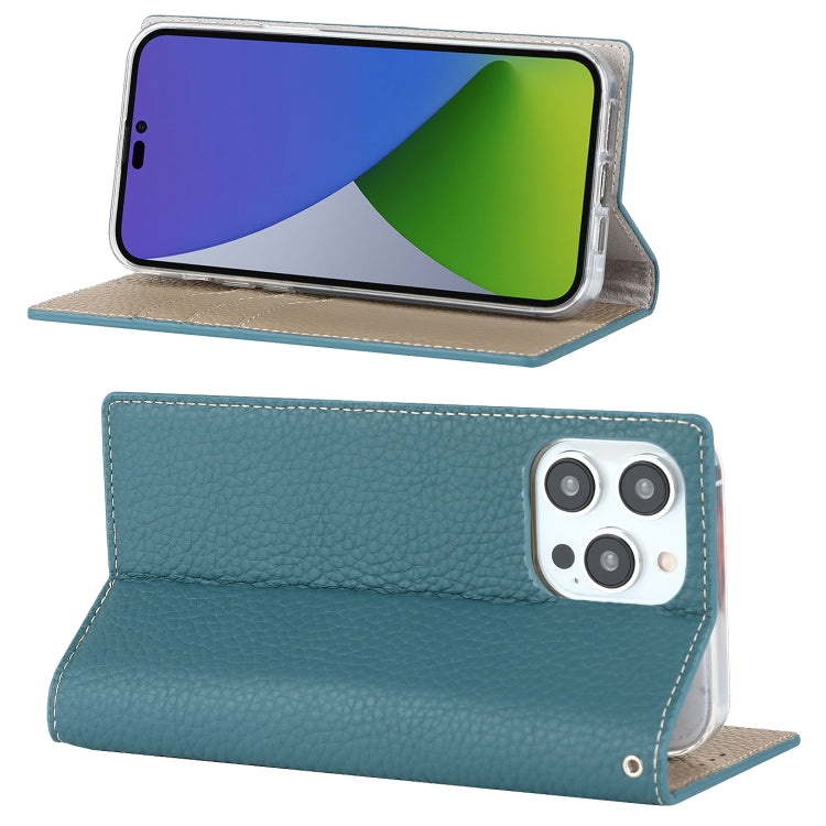 For iPhone 14 Pro Litchi Texture Genuine Leather Phone Case(Sky Blue) - iPhone 14 Pro Cases by buy2fix | Online Shopping UK | buy2fix
