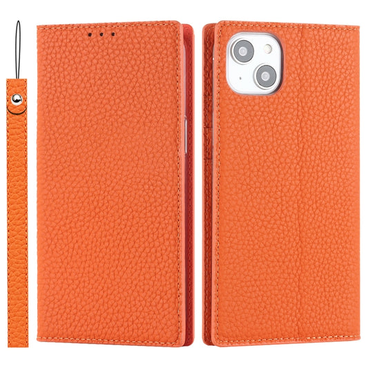 For iPhone 14 Plus Litchi Texture Genuine Leather Phone Case(Orange) - iPhone 14 Plus Cases by buy2fix | Online Shopping UK | buy2fix