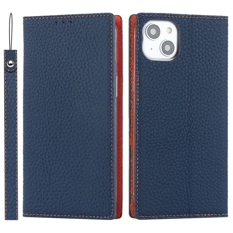 For iPhone 14 Plus Litchi Texture Genuine Leather Phone Case(Dark Blue) - iPhone 14 Plus Cases by buy2fix | Online Shopping UK | buy2fix