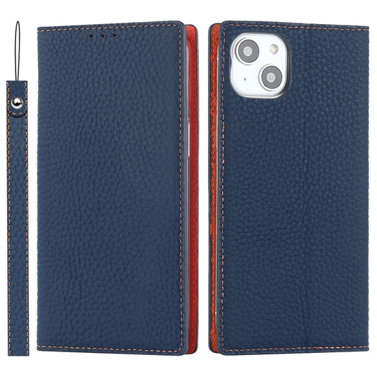 For iPhone 14 Plus Litchi Texture Genuine Leather Phone Case(Dark Blue) - iPhone 14 Plus Cases by buy2fix | Online Shopping UK | buy2fix