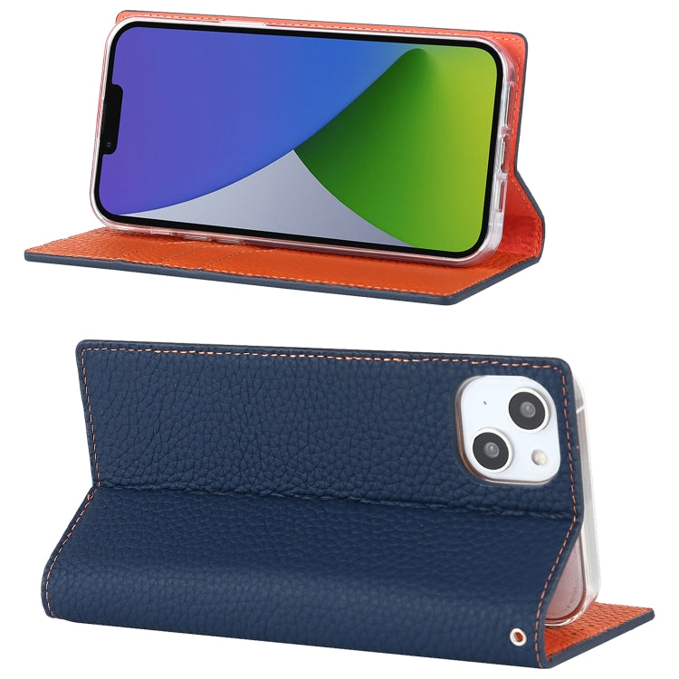 For iPhone 14 Plus Litchi Texture Genuine Leather Phone Case(Dark Blue) - iPhone 14 Plus Cases by buy2fix | Online Shopping UK | buy2fix