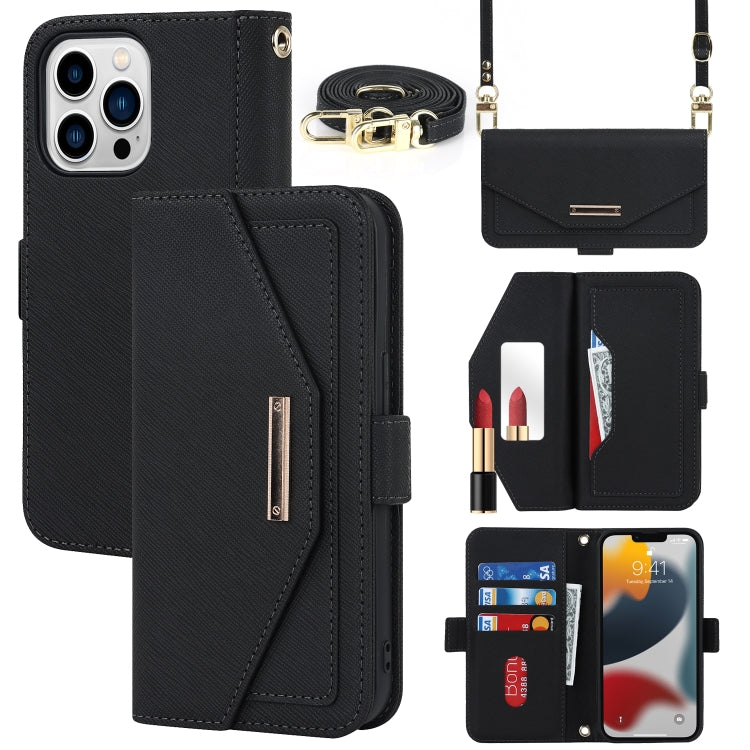 For iPhone 14 Pro Cross Texture Lanyard Leather Phone Case(Black) - iPhone 14 Pro Cases by buy2fix | Online Shopping UK | buy2fix
