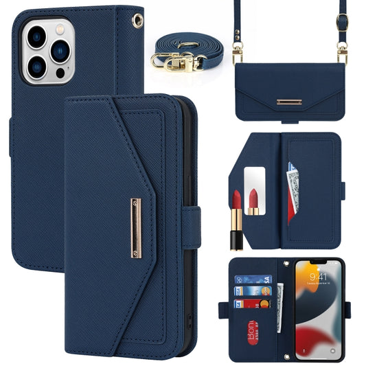 For iPhone 14 Pro Cross Texture Lanyard Leather Phone Case(Blue) - iPhone 14 Pro Cases by buy2fix | Online Shopping UK | buy2fix