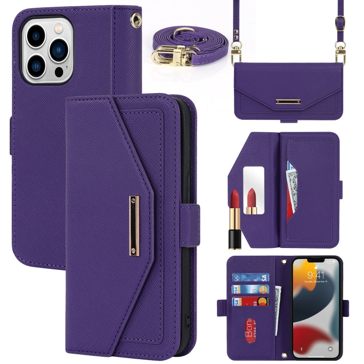 For iPhone 14 Pro Cross Texture Lanyard Leather Phone Case(Purple) - iPhone 14 Pro Cases by buy2fix | Online Shopping UK | buy2fix