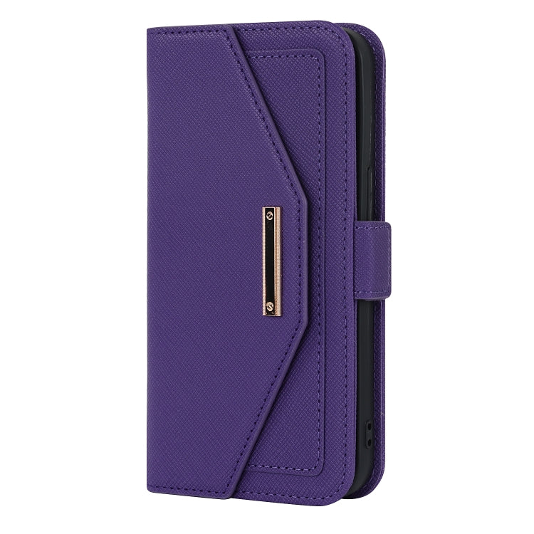 For iPhone 14 Pro Cross Texture Lanyard Leather Phone Case(Purple) - iPhone 14 Pro Cases by buy2fix | Online Shopping UK | buy2fix