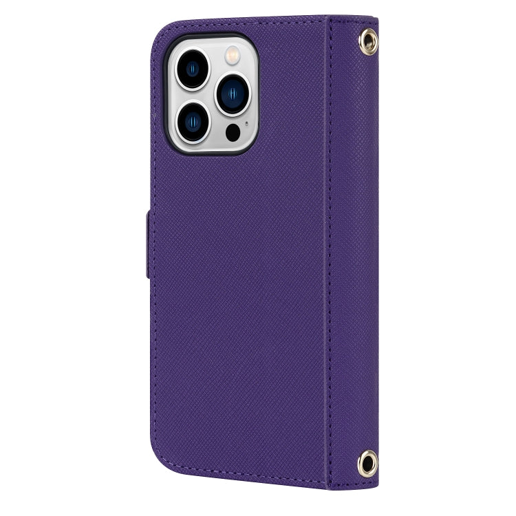 For iPhone 14 Pro Cross Texture Lanyard Leather Phone Case(Purple) - iPhone 14 Pro Cases by buy2fix | Online Shopping UK | buy2fix