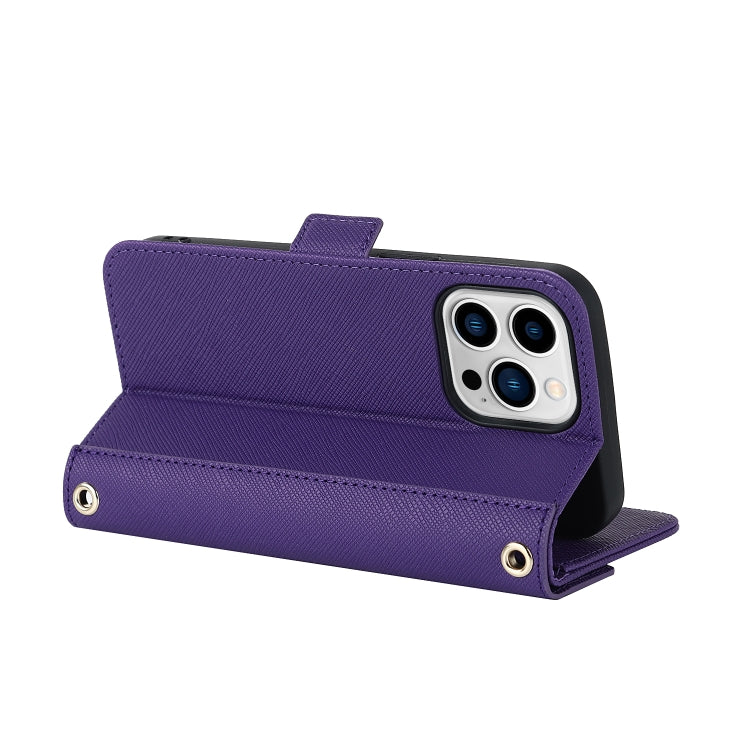 For iPhone 14 Pro Cross Texture Lanyard Leather Phone Case(Purple) - iPhone 14 Pro Cases by buy2fix | Online Shopping UK | buy2fix