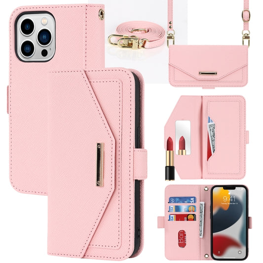 For iPhone 14 Pro Cross Texture Lanyard Leather Phone Case(Pink) - iPhone 14 Pro Cases by buy2fix | Online Shopping UK | buy2fix