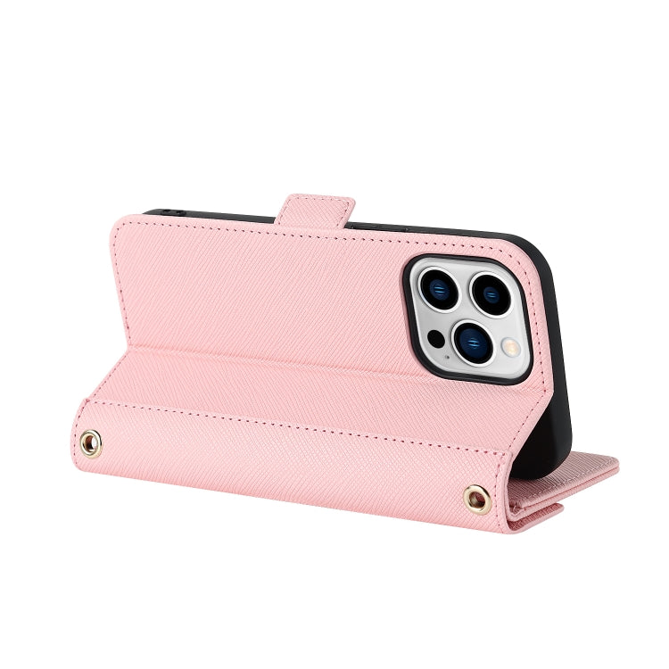 For iPhone 14 Pro Cross Texture Lanyard Leather Phone Case(Pink) - iPhone 14 Pro Cases by buy2fix | Online Shopping UK | buy2fix