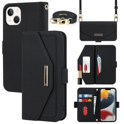 For iPhone 14 Plus Cross Texture Lanyard Leather Phone Case(Black) - iPhone 14 Plus Cases by buy2fix | Online Shopping UK | buy2fix