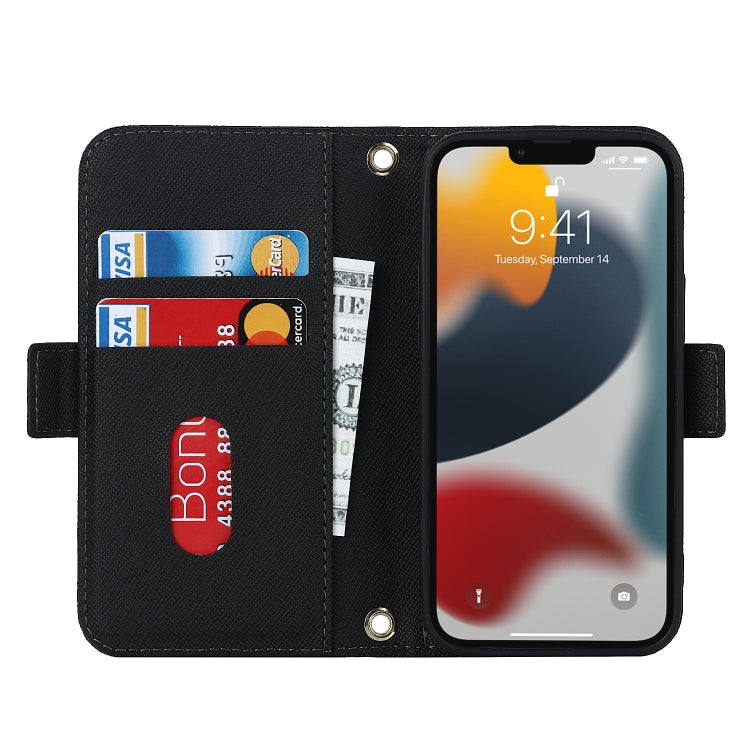 For iPhone 14 Plus Cross Texture Lanyard Leather Phone Case(Black) - iPhone 14 Plus Cases by buy2fix | Online Shopping UK | buy2fix