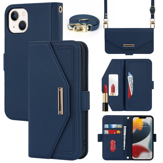 For iPhone 14 Plus Cross Texture Lanyard Leather Phone Case(Blue) - iPhone 14 Plus Cases by buy2fix | Online Shopping UK | buy2fix