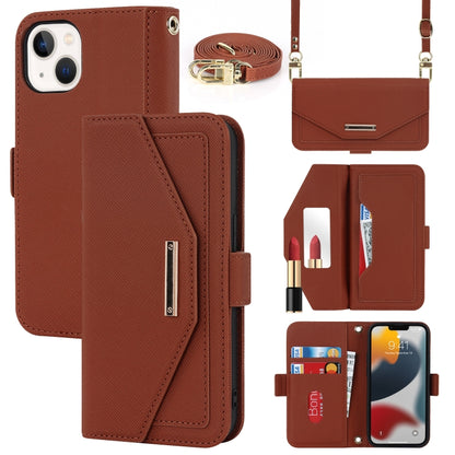 For iPhone 14 Plus Cross Texture Lanyard Leather Phone Case(Brown) - iPhone 14 Plus Cases by buy2fix | Online Shopping UK | buy2fix